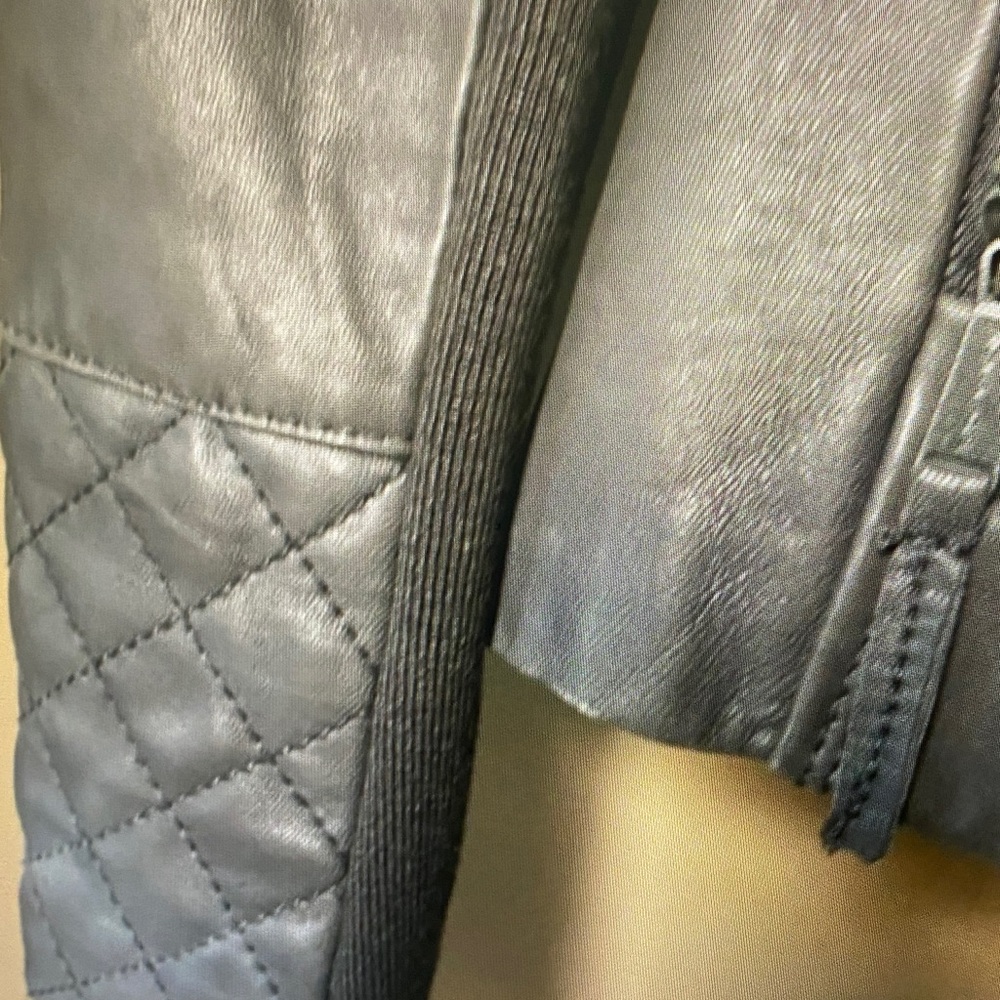 Michael Kors Navy Hooded Leather Jacket with Quilted Shoulders - Picture 3 of 7